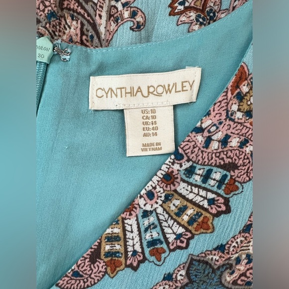 Cynthia Rowley size 10 -Boho Paisley Dress - fully lined - Teal/Beige/Pink - Picture 6 of 8